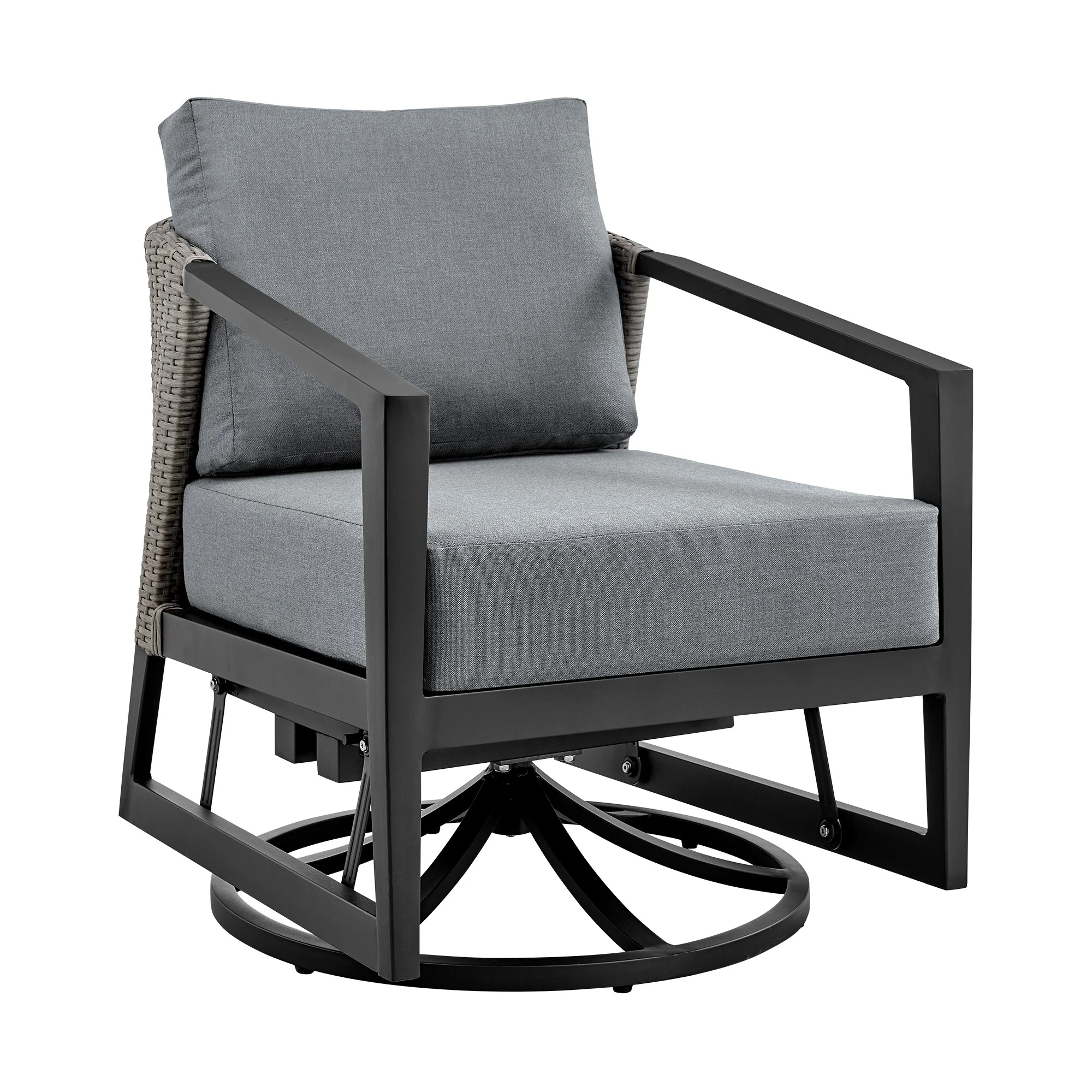 Aileen 3 Piece Patio Outdoor Swivel Seating Set in Black Aluminum with Gray Wicker and Cushions - Image 2