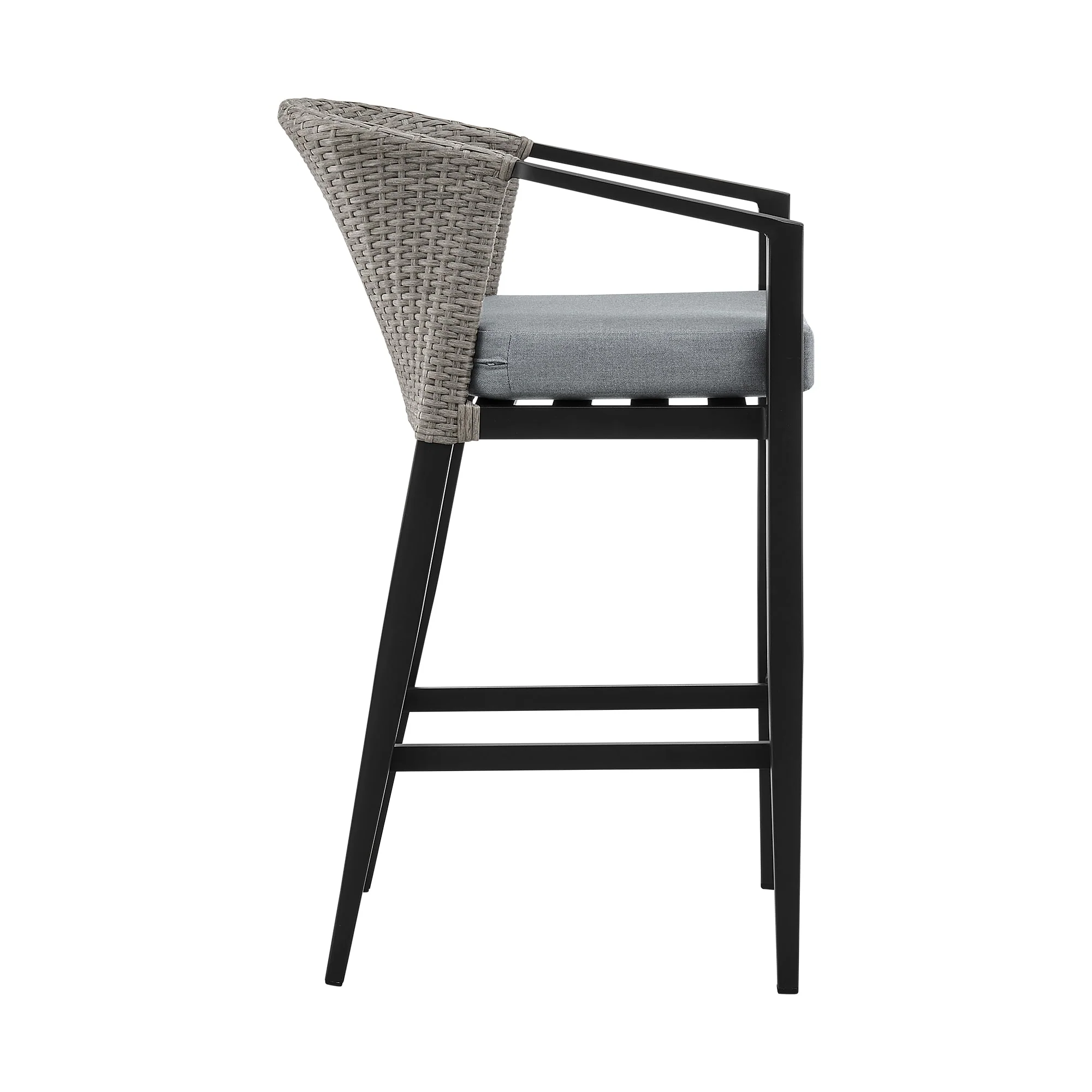 Aileen Outdoor Patio Counter Height Bar Stool in Aluminum and Wicker with Gray Cushions - Image 3