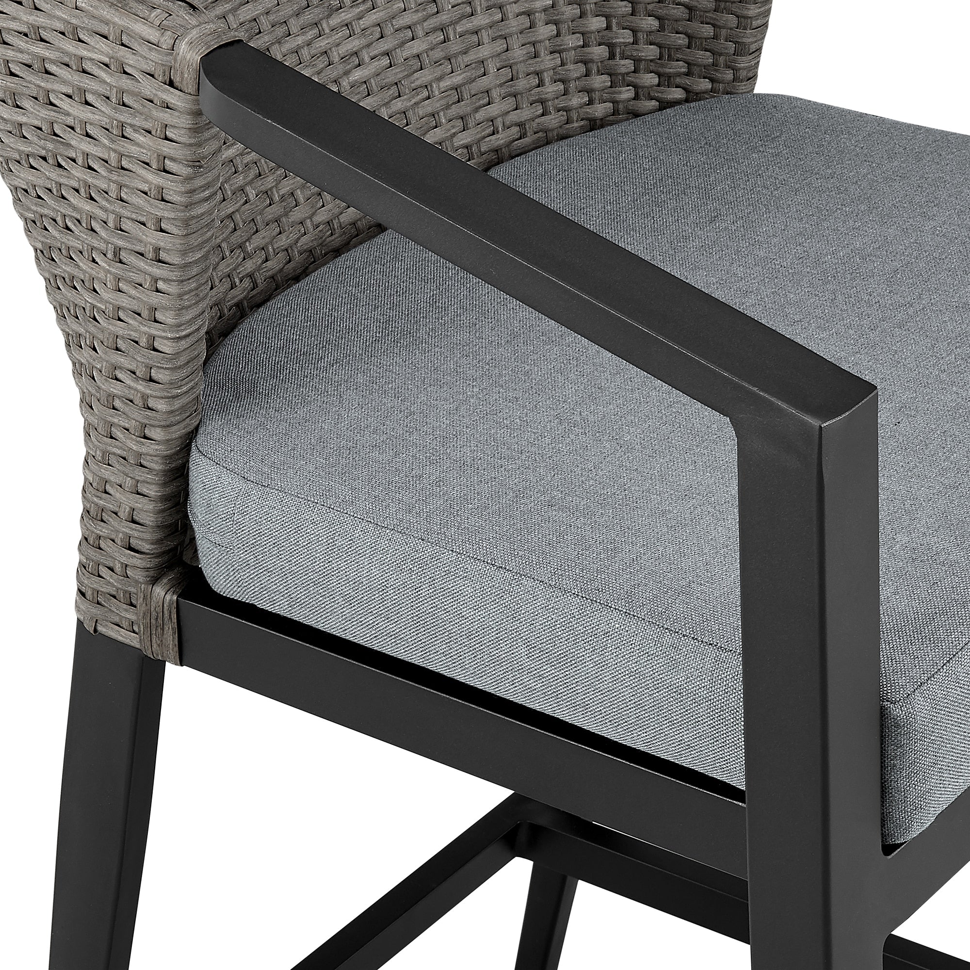 Aileen Outdoor Patio Counter Height Bar Stool in Aluminum and Wicker with Gray Cushions - Image 6