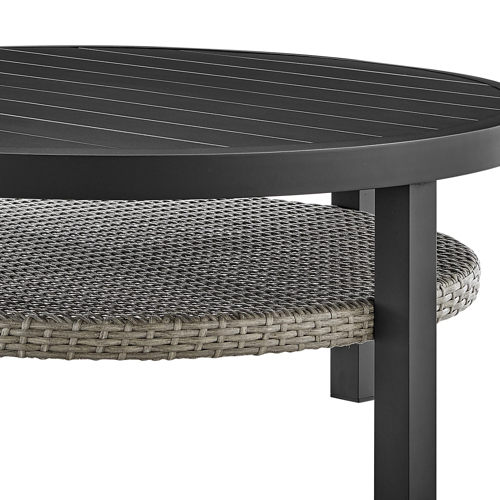 Aileen Outdoor Patio Round Coffee Table in Black Aluminum with Gray Wicker Shelf - Image 3