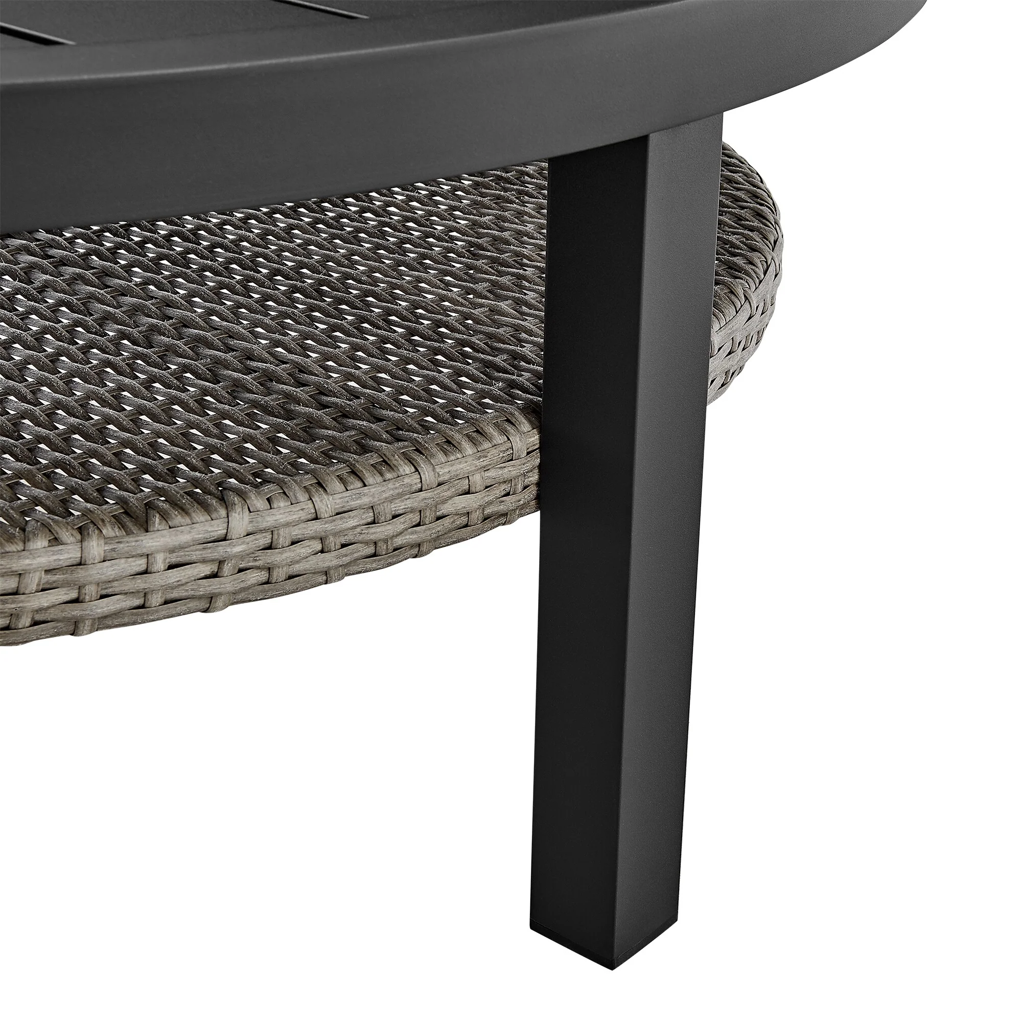 Aileen Outdoor Patio Round Coffee Table in Black Aluminum with Gray Wicker Shelf - Image 4