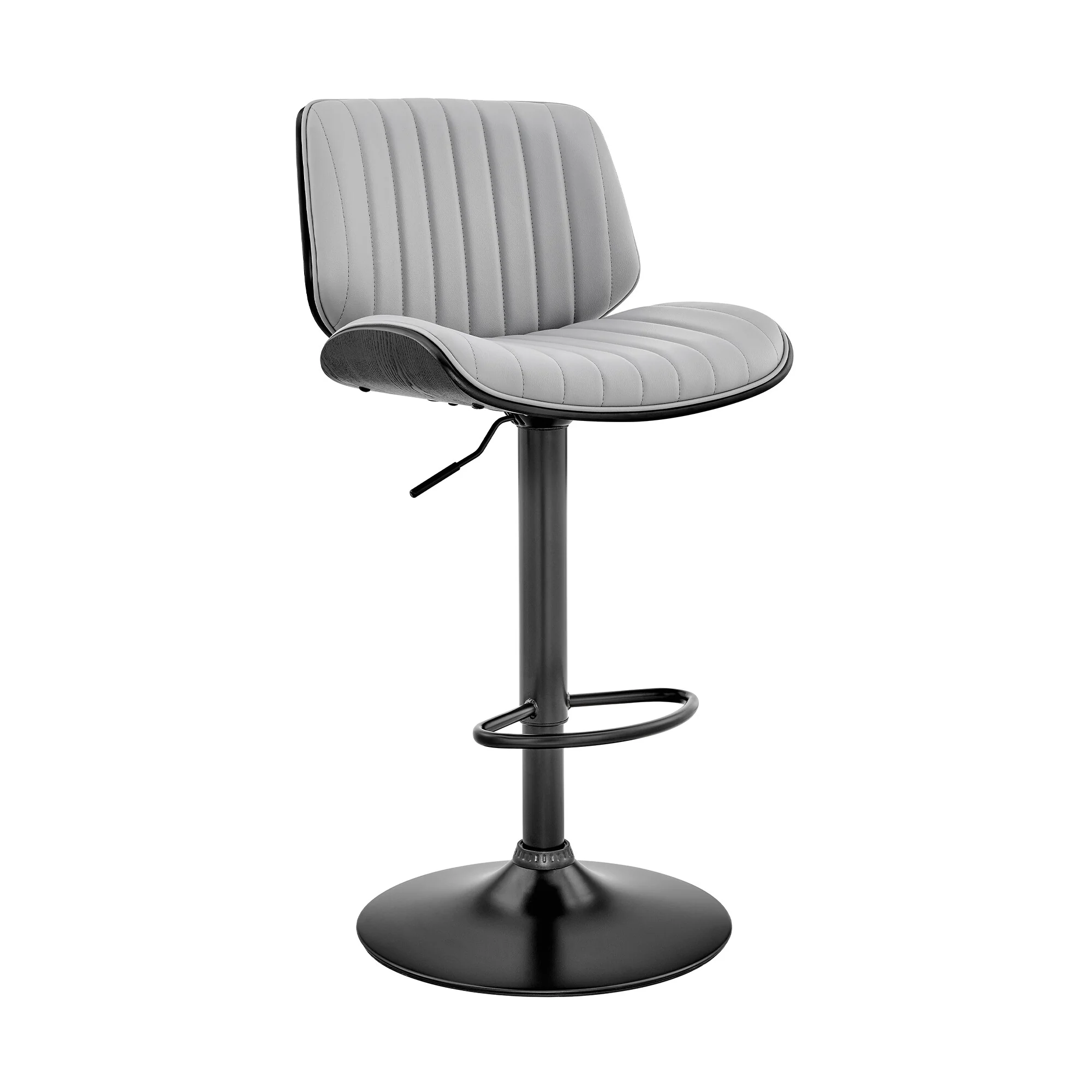 Brock Adjustable Gray Faux Leather and Walnut Wood Bar Stool with Black Base - Image 2