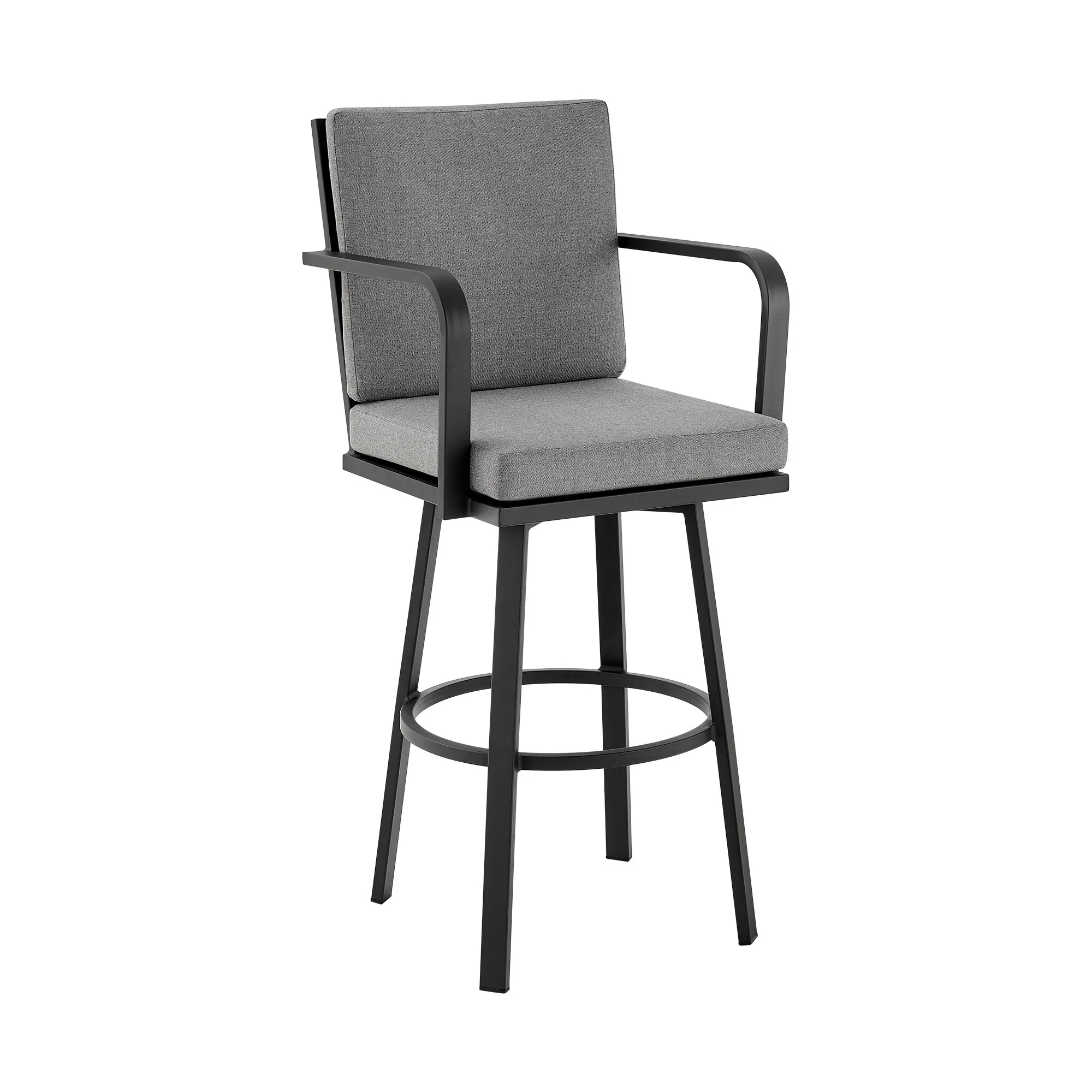 Don 30" Outdoor Patio Swivel Bar Stool in Black Aluminum with Grey Cushions - Image 3