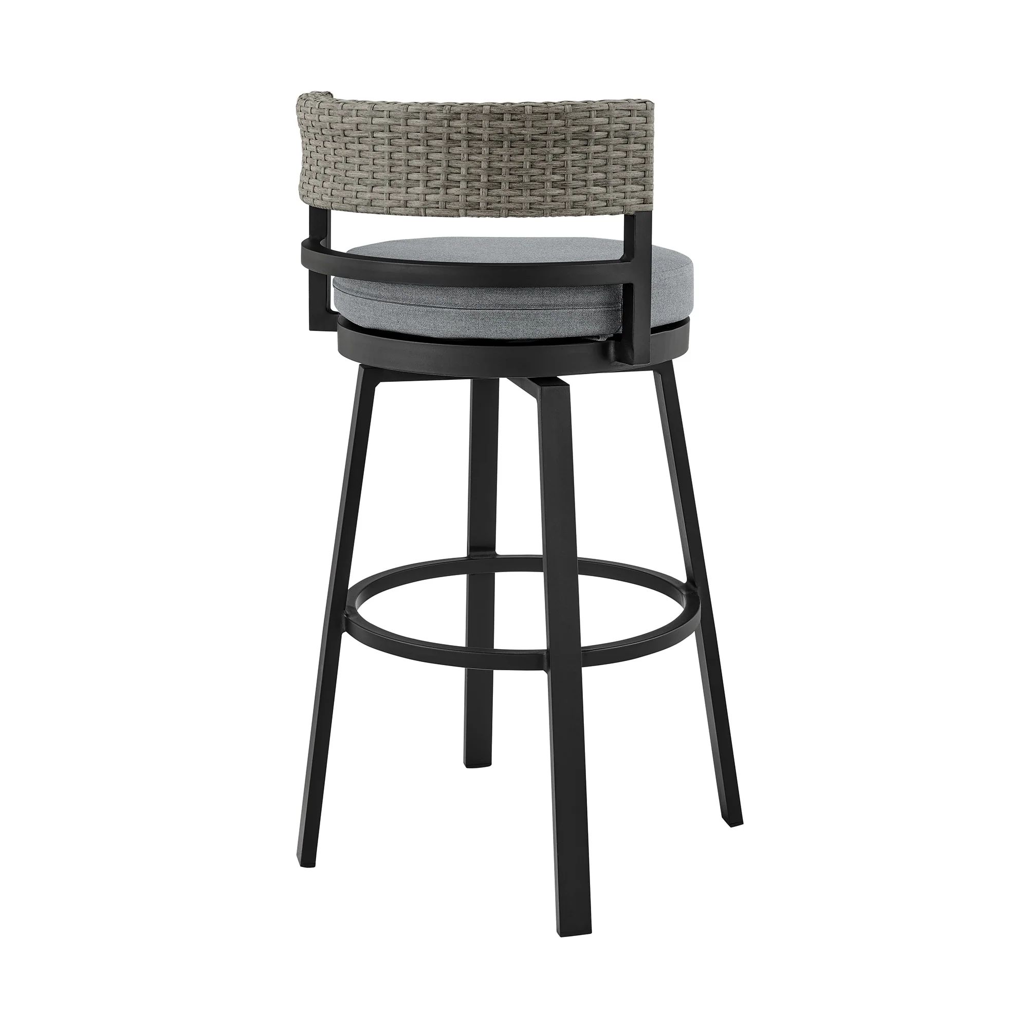 Encinitas Outdoor Patio Counter Height Swivel Bar Stool in Aluminum and Wicker with Gray Cushions - Image 4