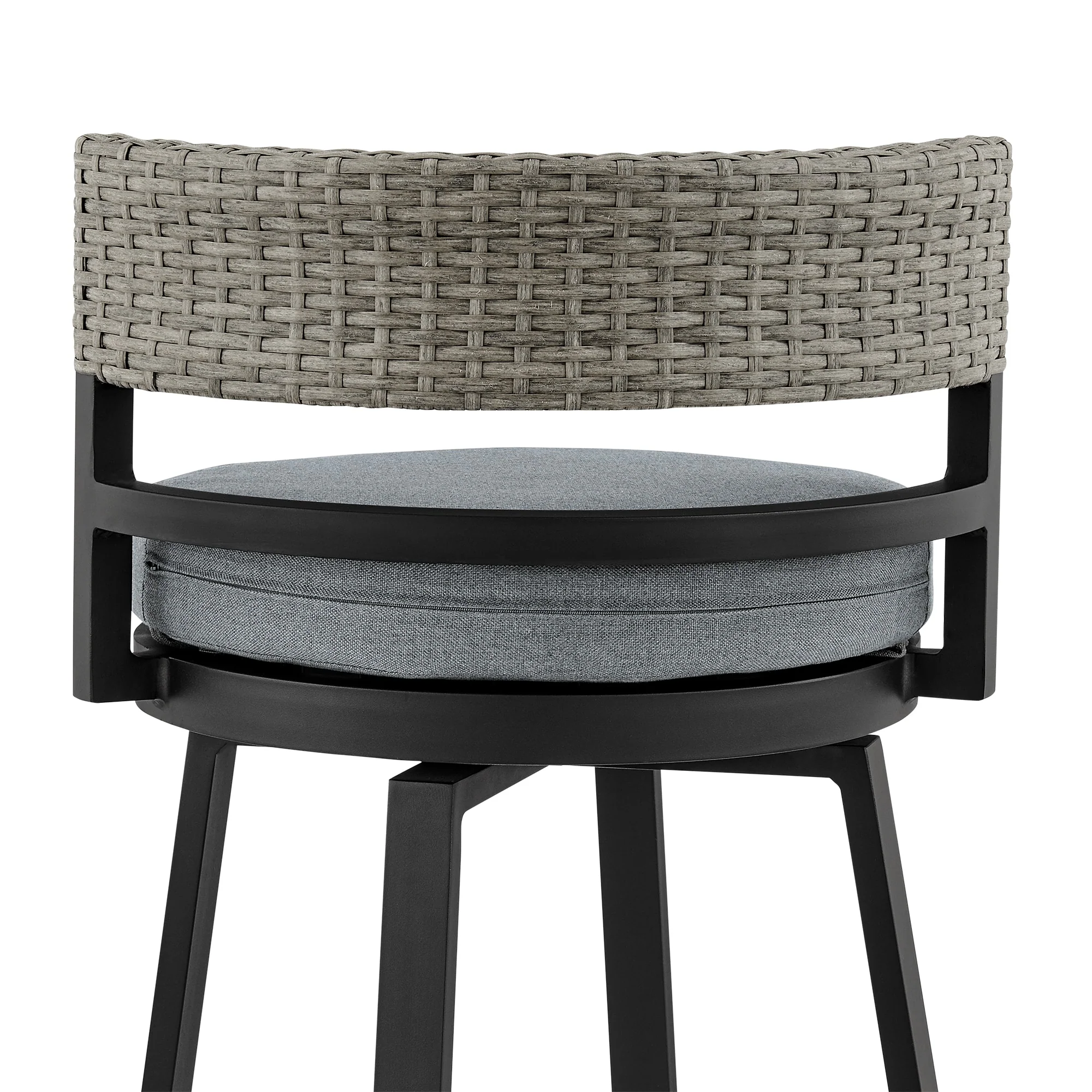 Encinitas Outdoor Patio Counter Height Swivel Bar Stool in Aluminum and Wicker with Gray Cushions - Image 7