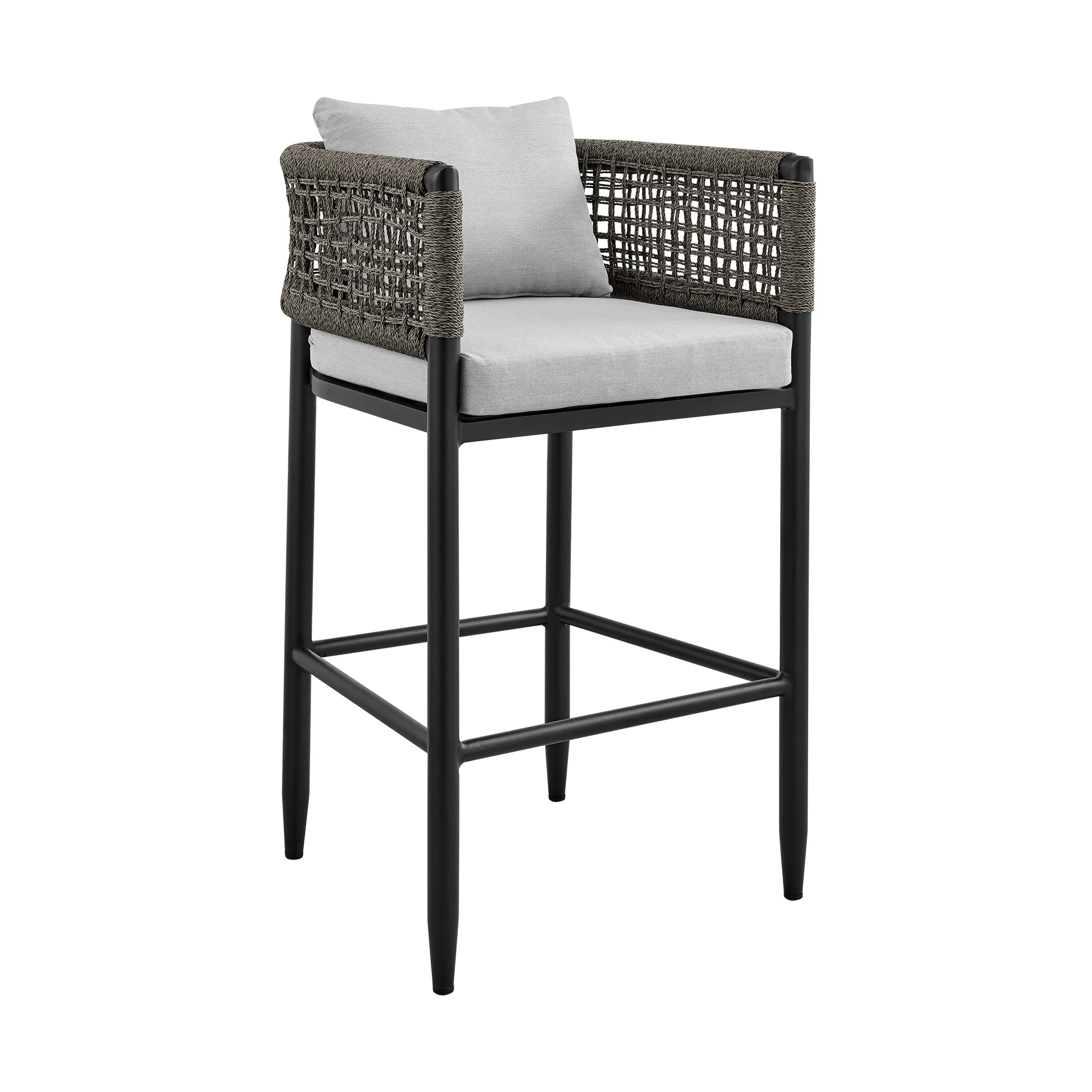 Felicia Outdoor Patio Bar Stool in Aluminum with Gray Rope and Cushions - Image 2