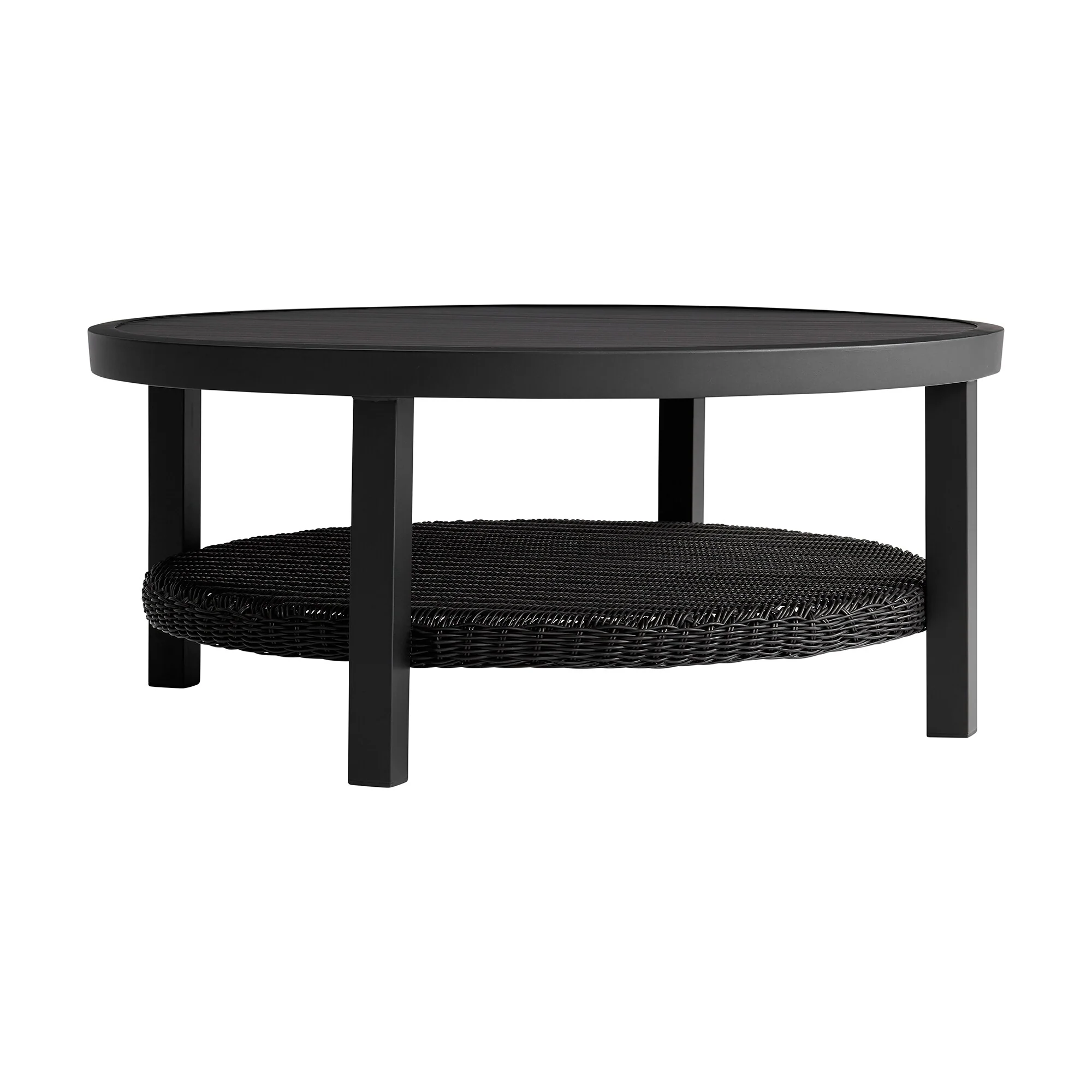 Grand Black Aluminum Outdoor Round Conversation Table with Wicker Shelf - Image 2