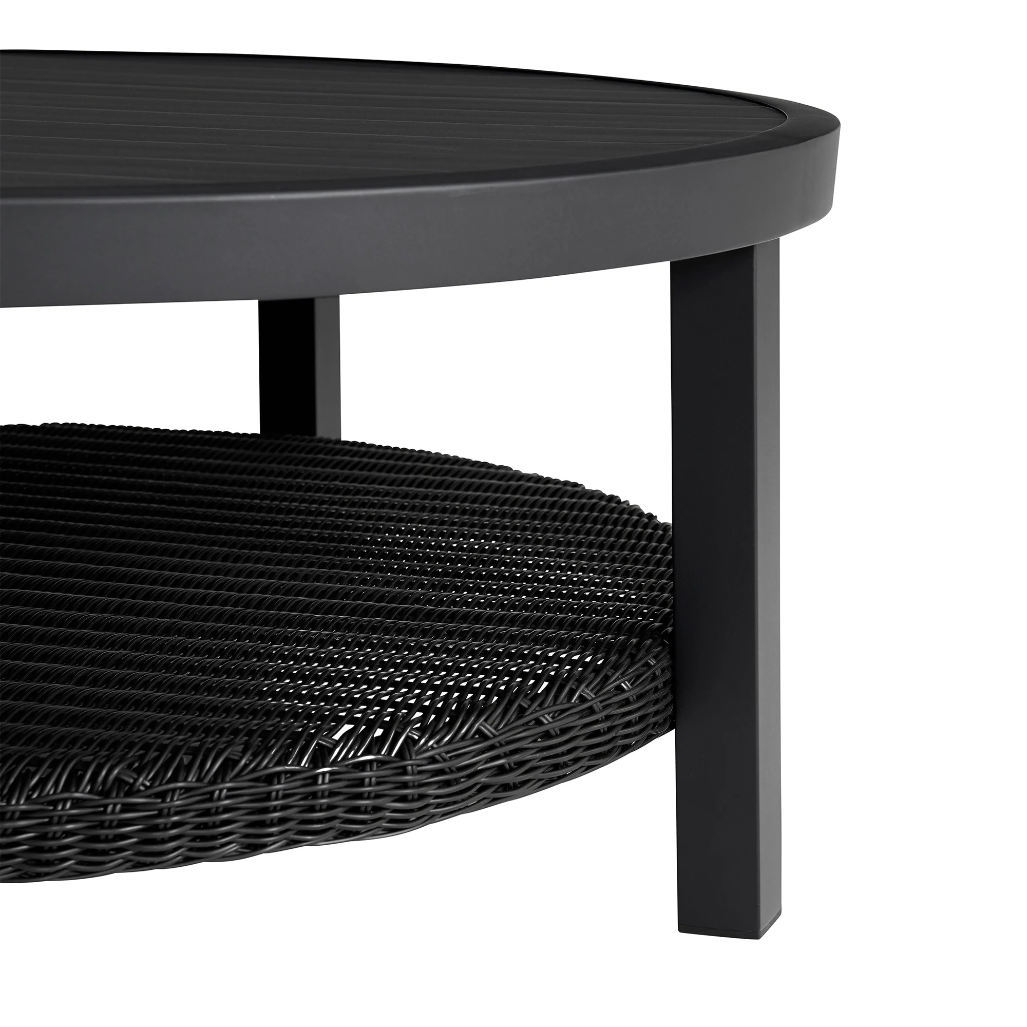 Grand Black Aluminum Outdoor Round Conversation Table with Wicker Shelf - Image 3