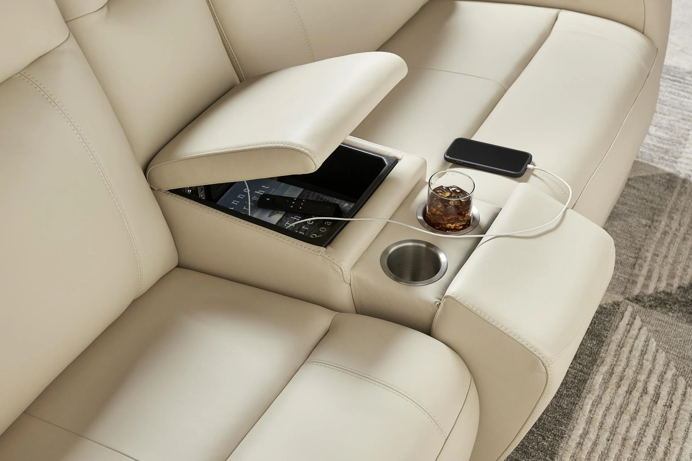 Newport 6-Piece Almond Leather Power Reclining Sectional with Chaise - Image 6