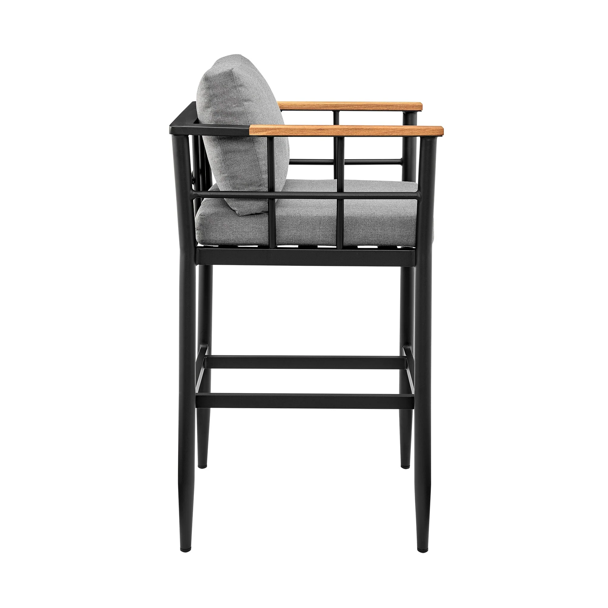 Wiglaf Outdoor Patio Bar Stool in Aluminum and Teak with Gray Cushions - Image 3