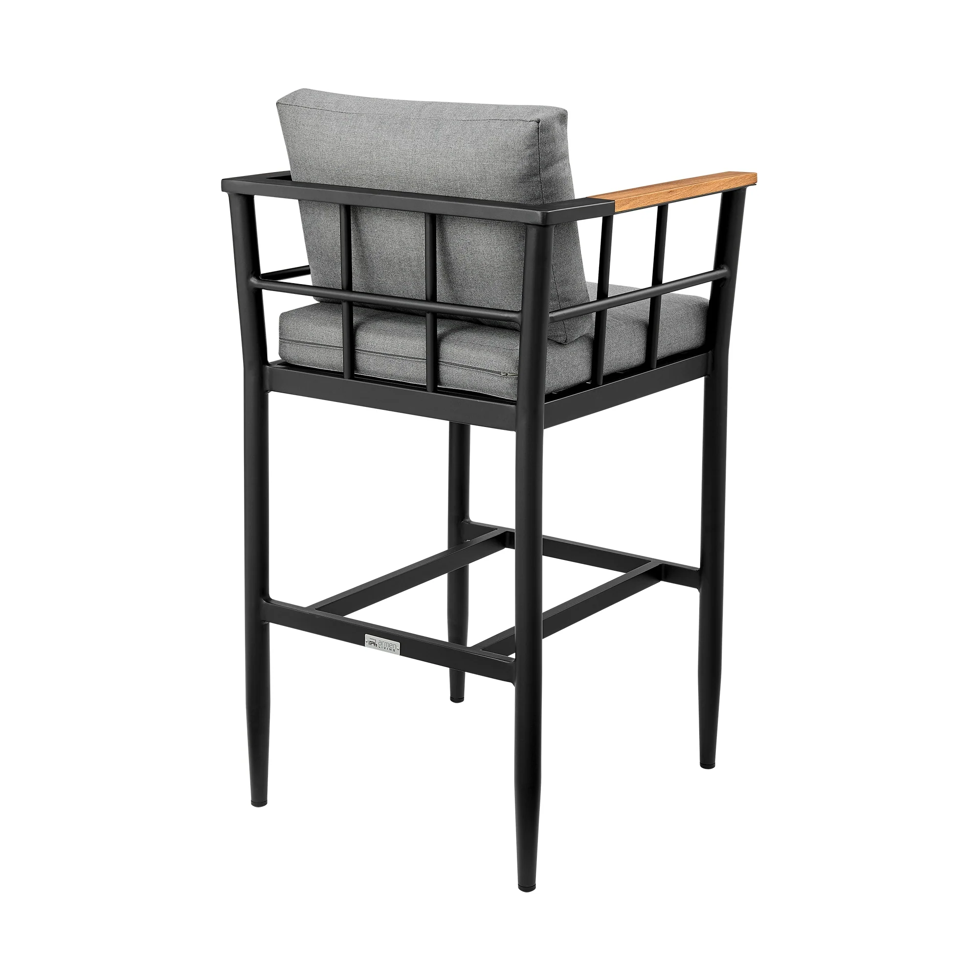 Wiglaf Outdoor Patio Bar Stool in Aluminum and Teak with Gray Cushions - Image 4