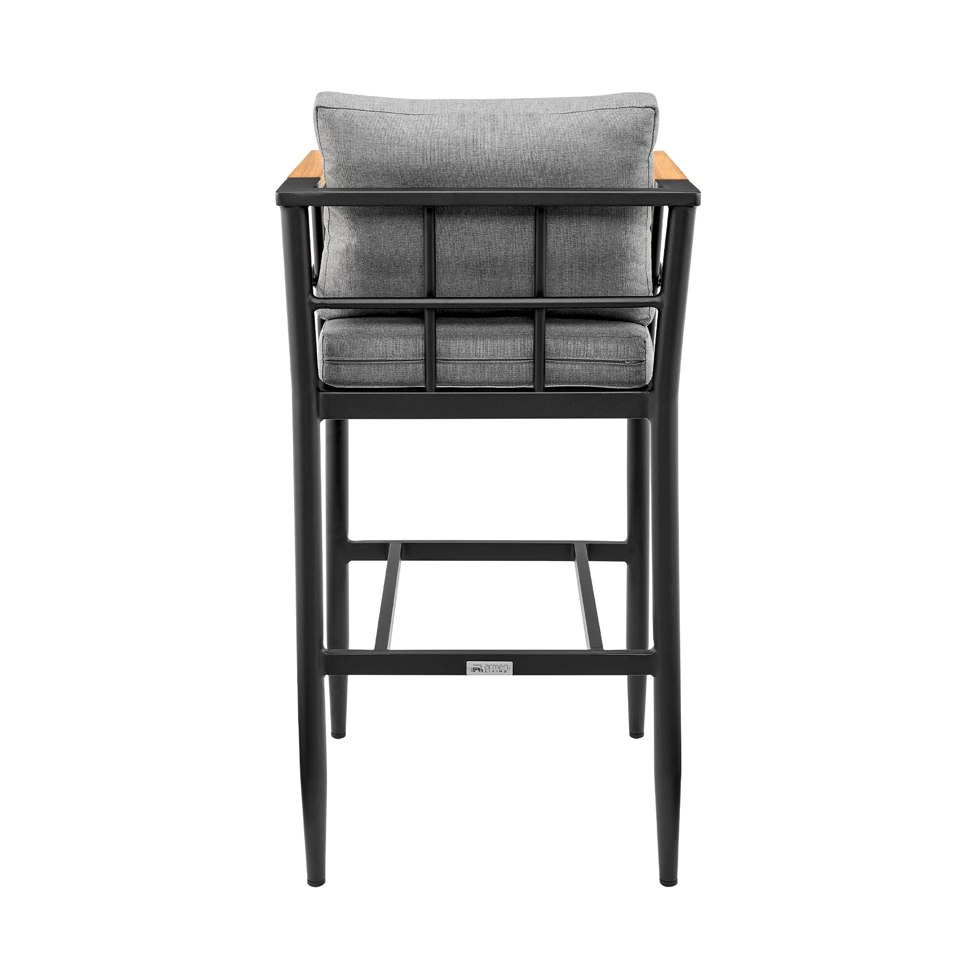 Wiglaf Outdoor Patio Bar Stool in Aluminum and Teak with Gray Cushions - Image 5