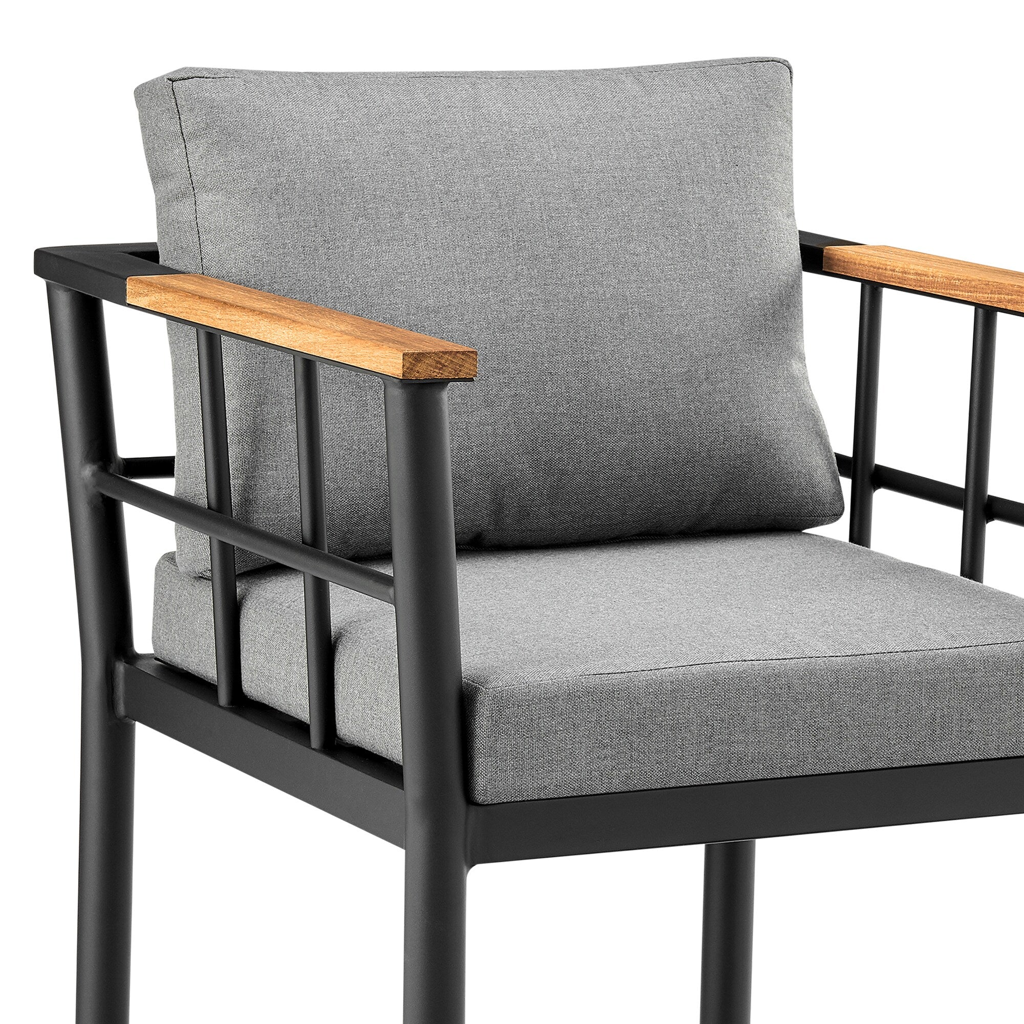 Wiglaf Outdoor Patio Bar Stool in Aluminum and Teak with Gray Cushions - Image 6