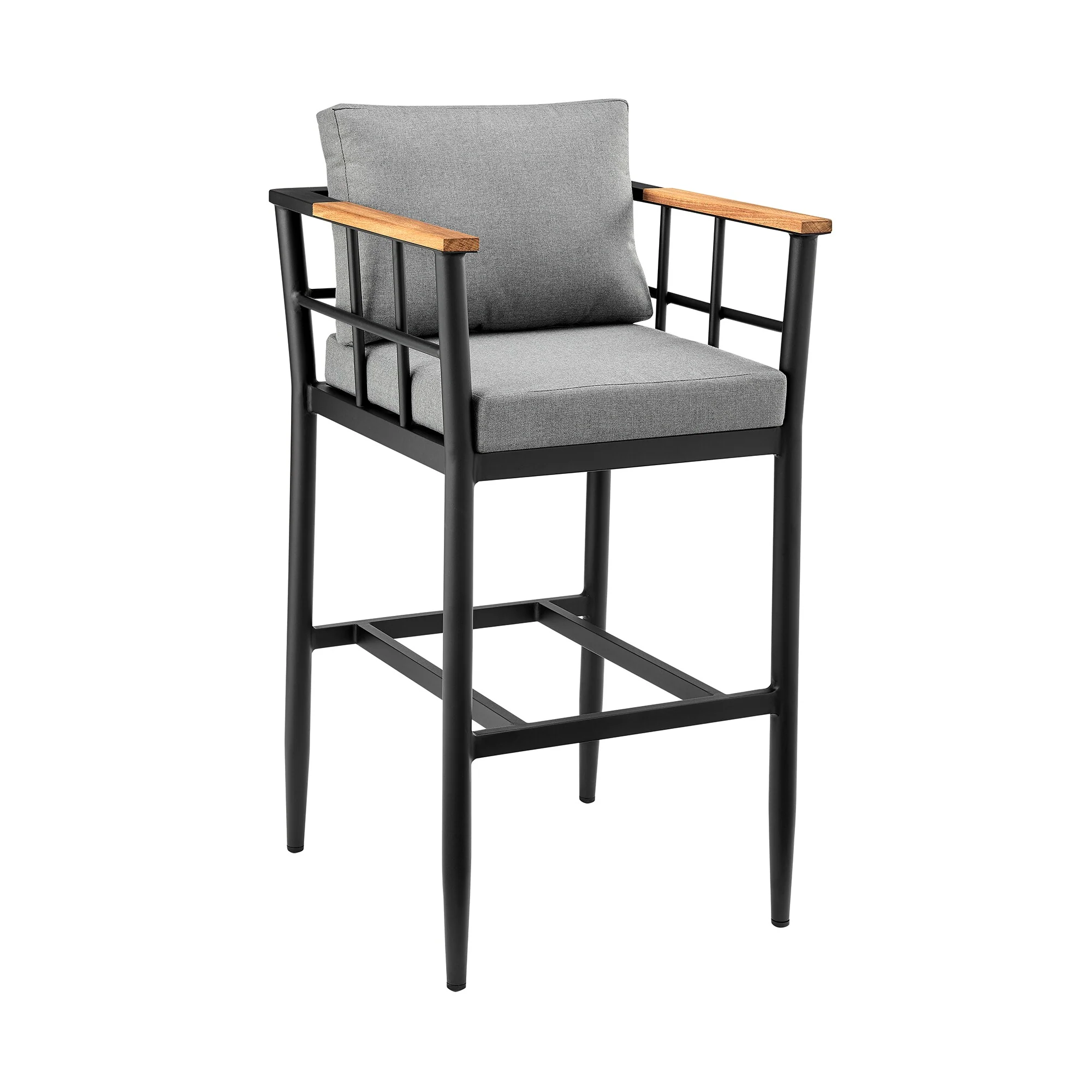 Wiglaf Outdoor Patio Counter Height Bar Stool in Aluminum and Teak with Gray Cushions - Image 2