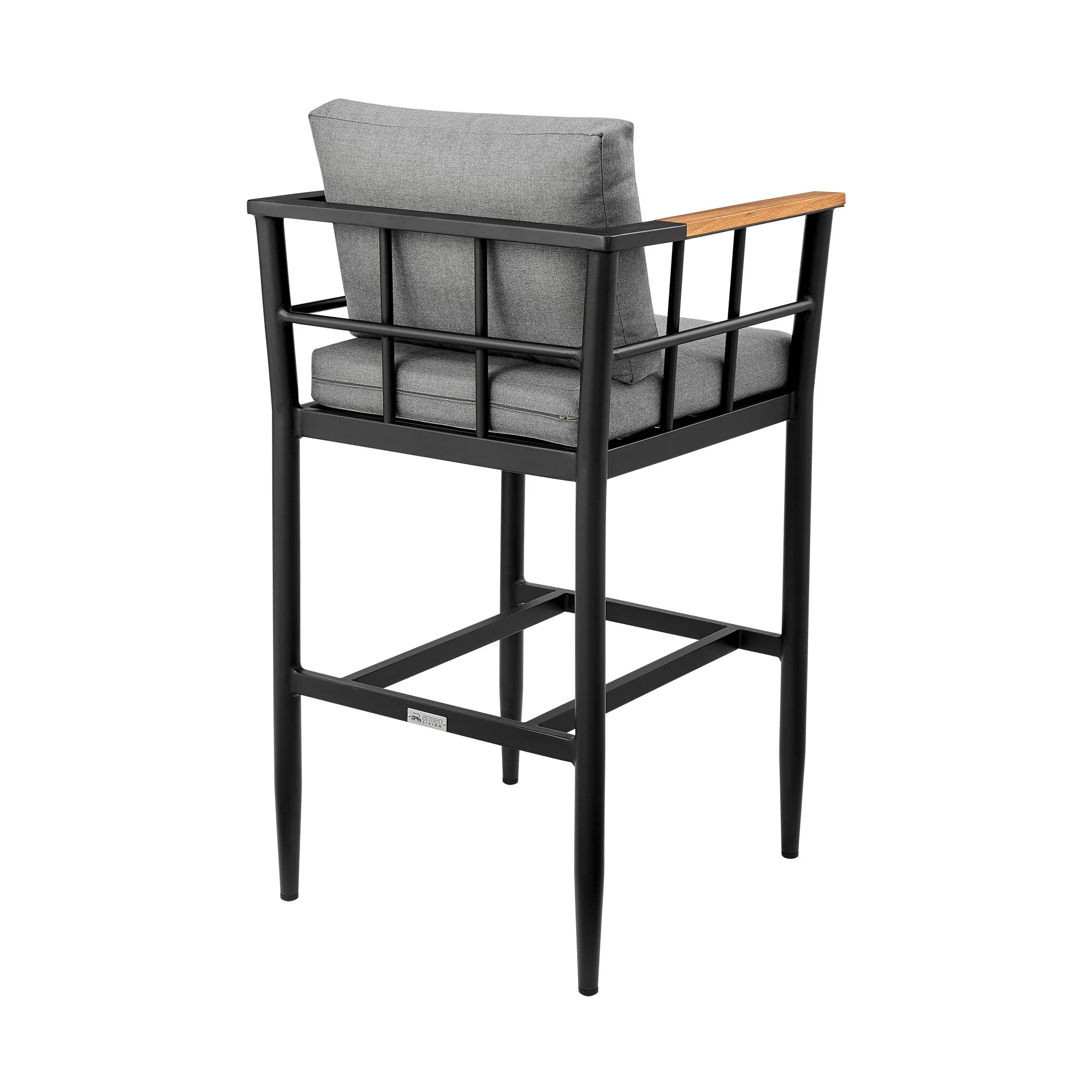 Wiglaf Outdoor Patio Counter Height Bar Stool in Aluminum and Teak with Gray Cushions - Image 4