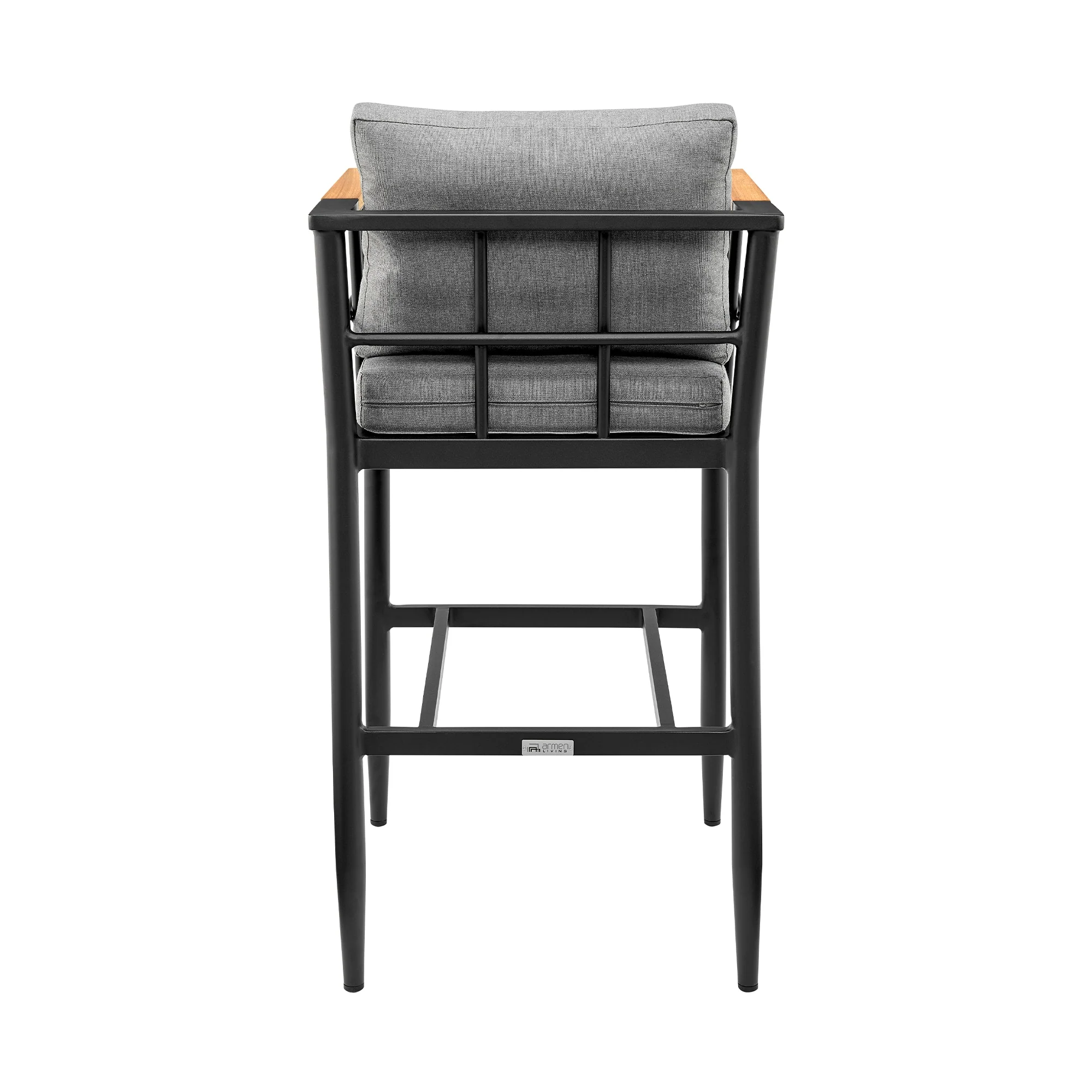 Wiglaf Outdoor Patio Counter Height Bar Stool in Aluminum and Teak with Gray Cushions - Image 5
