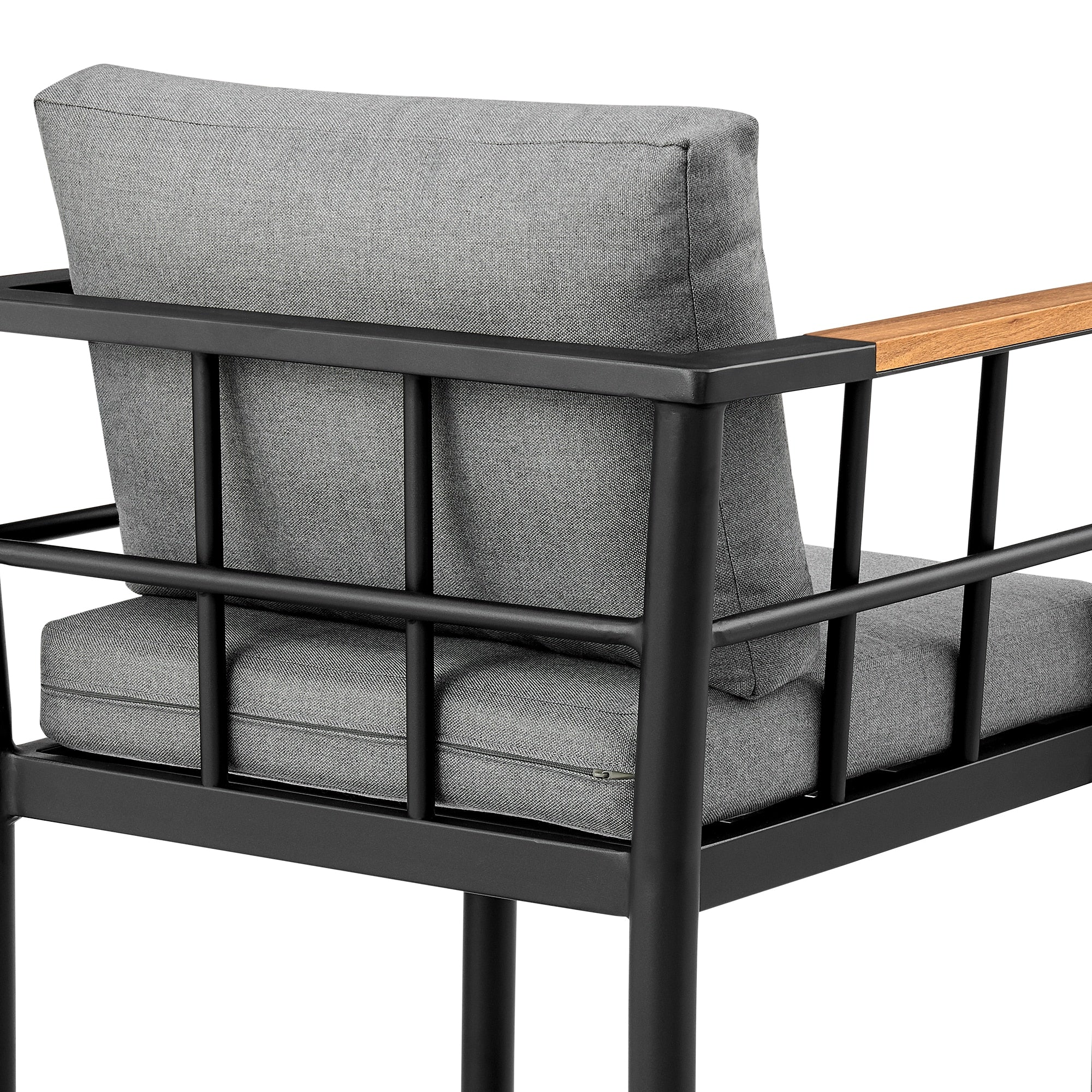 Wiglaf Outdoor Patio Counter Height Bar Stool in Aluminum and Teak with Gray Cushions - Image 7